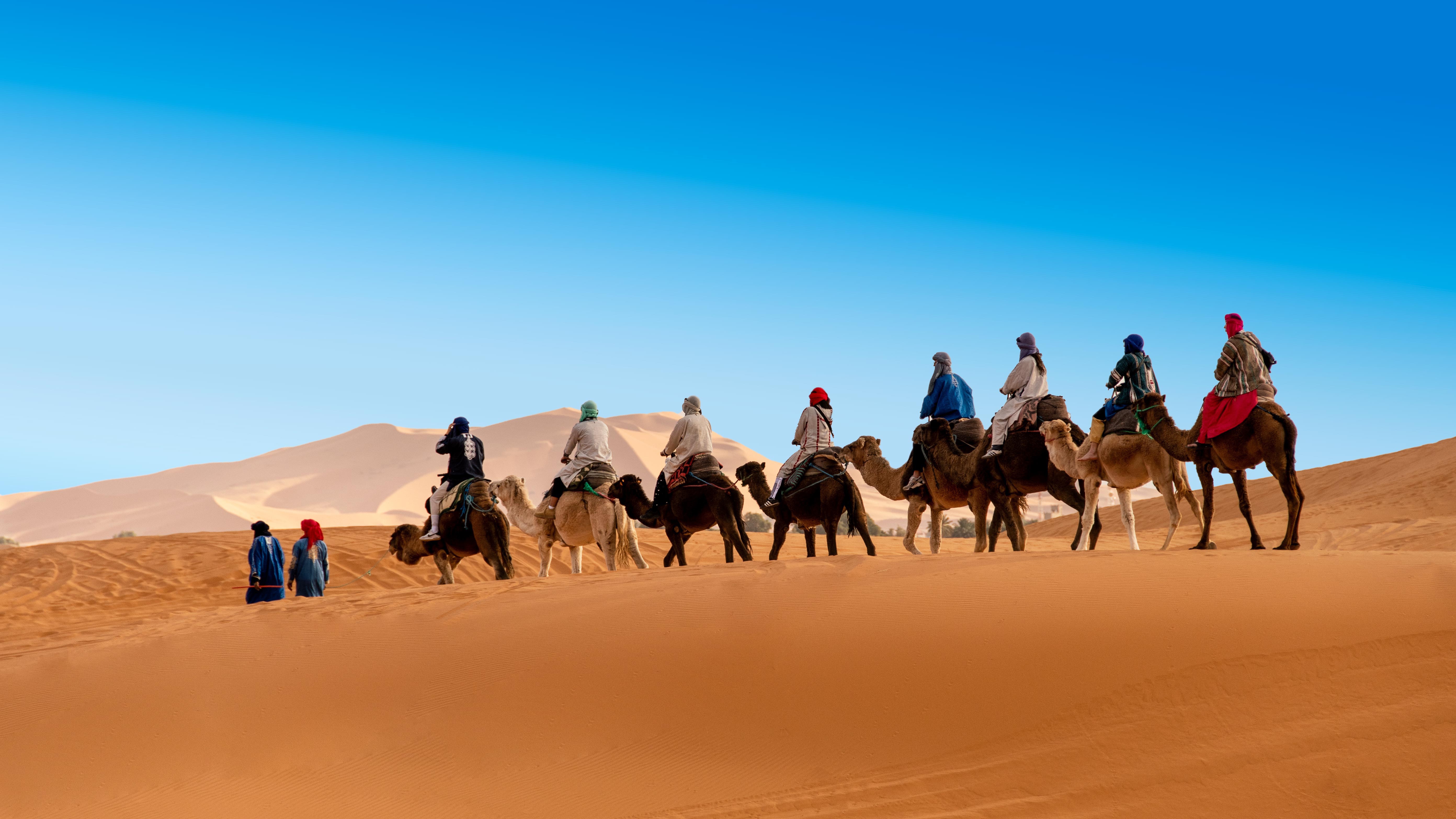Large camel caravan with Berber guides in traditional blue robes